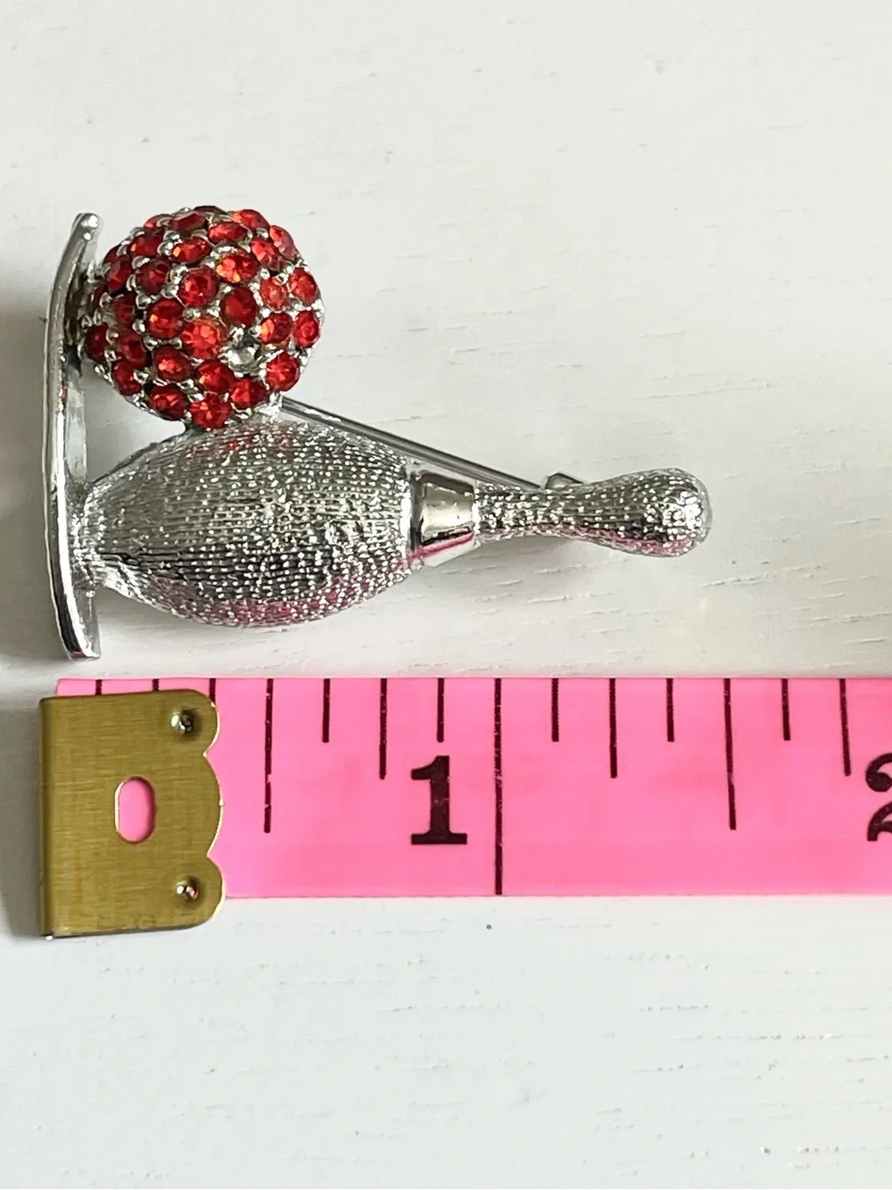 Dodds Vintage Bowling Brooch Pin Red Rhinestone Ball Silver Retro Collectible